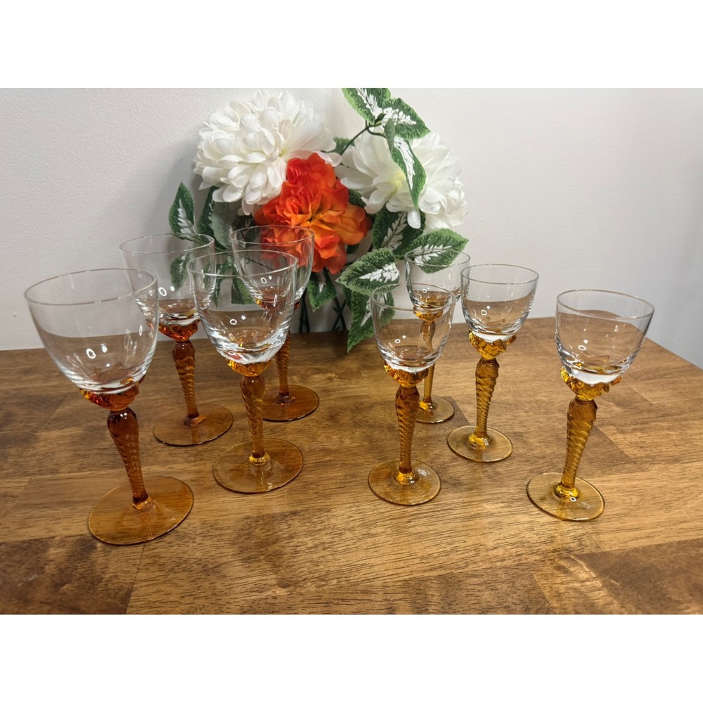 Vintage Holiday MCM Amber Stem‎ Wine Cordial Glass Bar Cart Barware Set